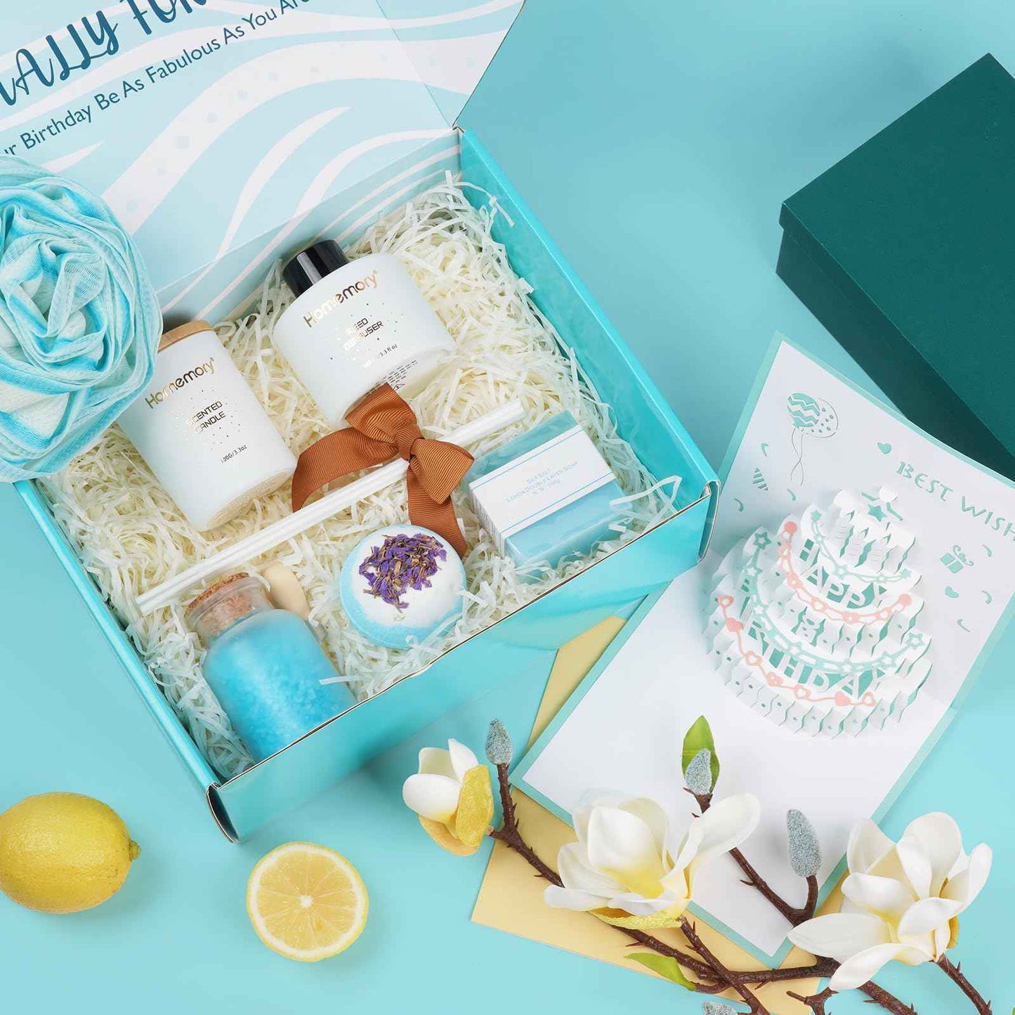 Homemory Gift Women Birthday Bath Sets Body Self Care, Best Spa Basket Christmas Scented Candle & Reed Diffuser Kit Mom Friends Sister With 3D Card (Blue)