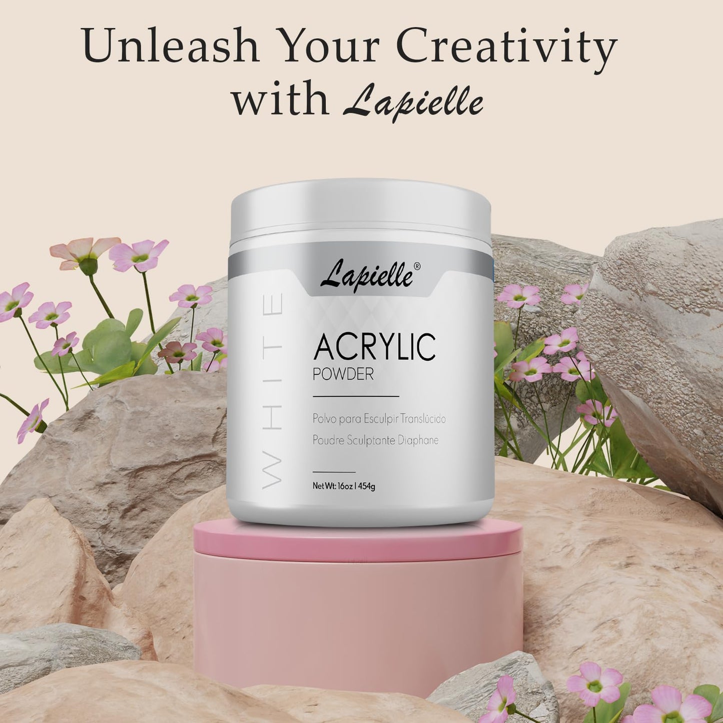 Lapielle Professional Acrylic Powder for Nail Art. Long-lasting, Large capacity and quick dry. Quality Salon Manicure Nail extension CLEAR, PINK, & WHITE (16oz) (White)