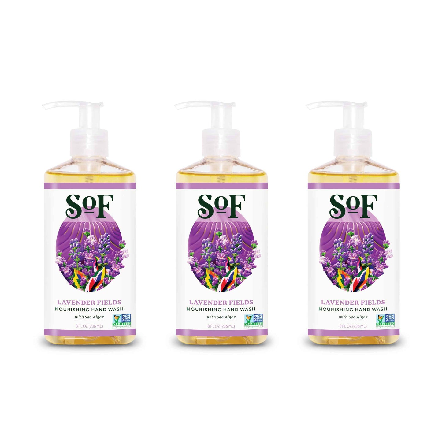 SoF Nourishing Hand Wash - With Moisturizing Sea Algae, Coconut & Olive Oil- Vegan & Non GMO- Free From Phthalates, Sulfates & Parabens- Lavender Fields - 8 oz Bottle 3 Pack