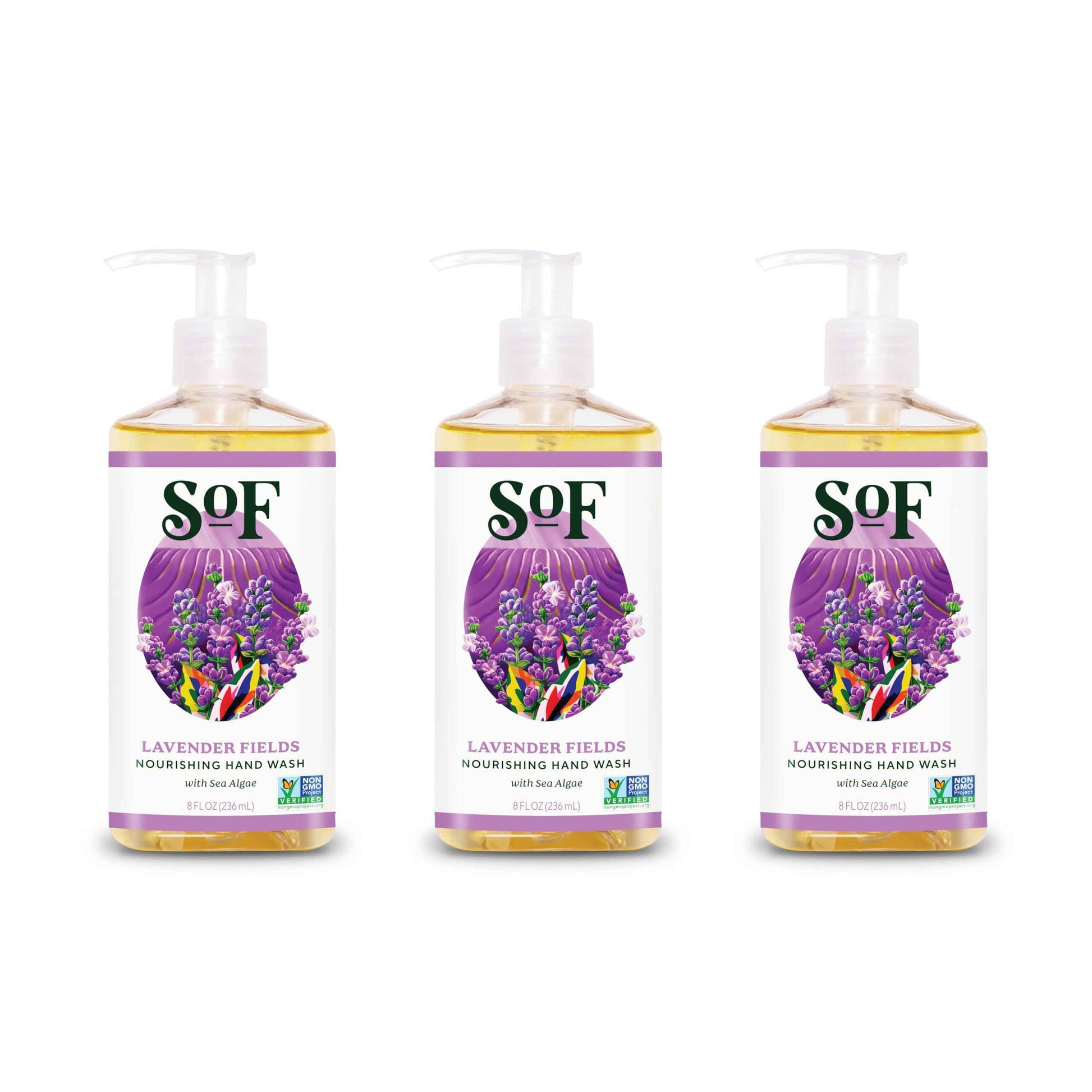 SoF Nourishing Hand Wash - With Moisturizing Sea Algae, Coconut & Olive Oil- Vegan & Non GMO- Free From Phthalates, Sulfates & Parabens- Lavender Fields - 8 oz Bottle 3 Pack