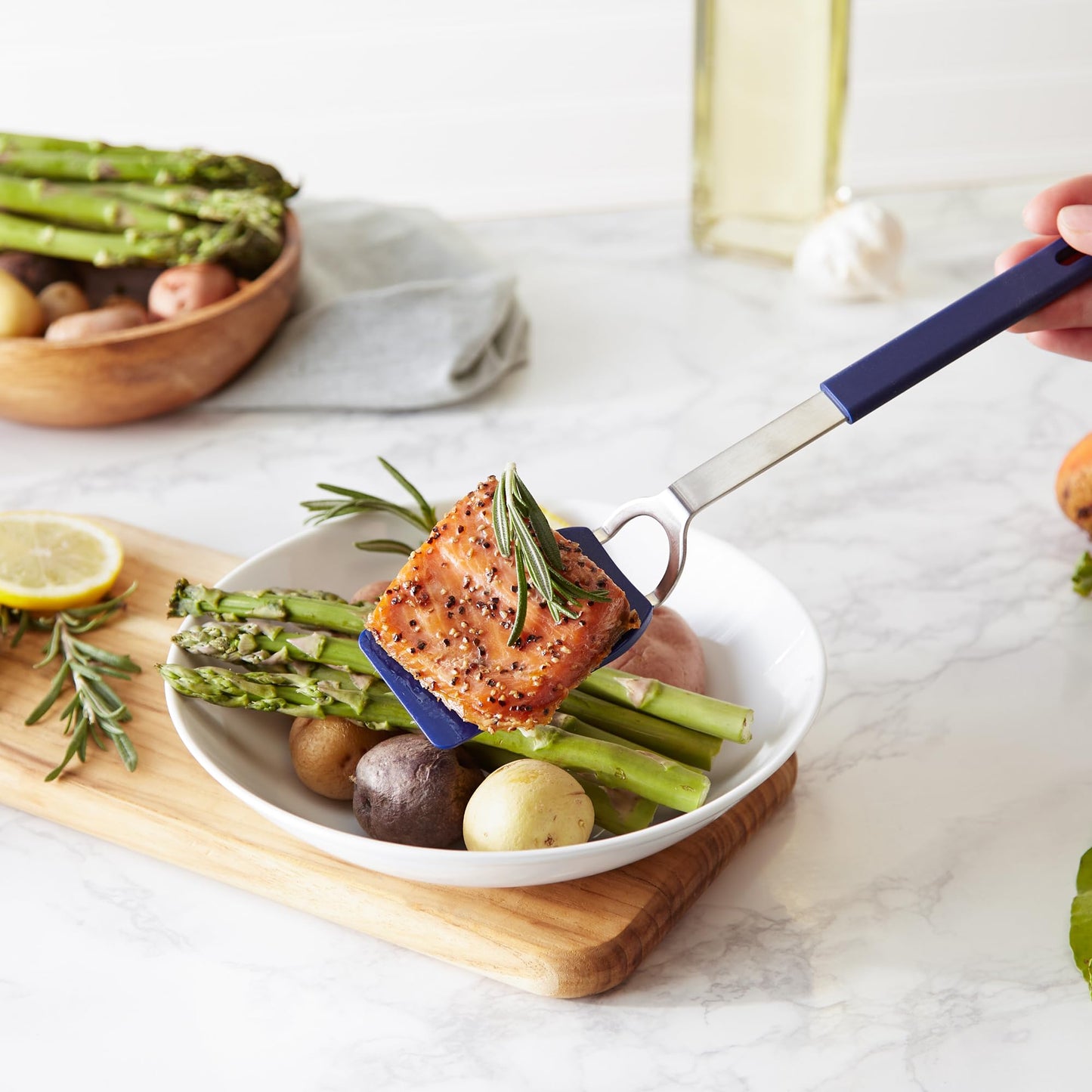 RSVP International Kitchen Tool Collection Flexible Nylon Spatula, Stainless Steel Handle, 10.75x2", Blue