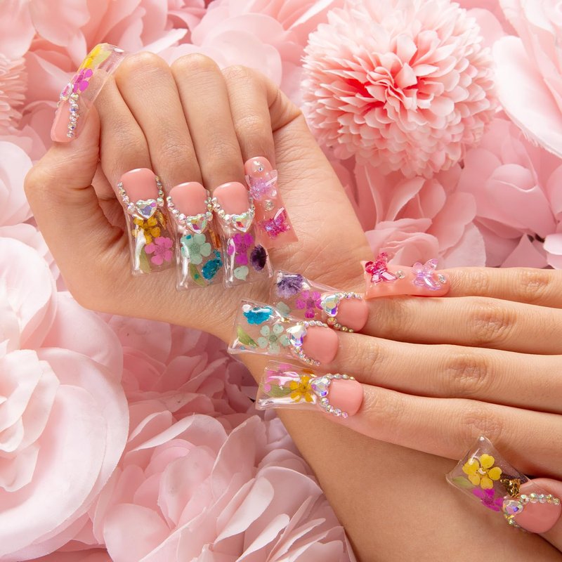 LOVFUL Press on Duck Nails Flora | Salon Quality Handmade Acrylic with Full Covered Crystals | Reusable Fake Nails | Duck Classic Regular 1.3 in | H176-M
