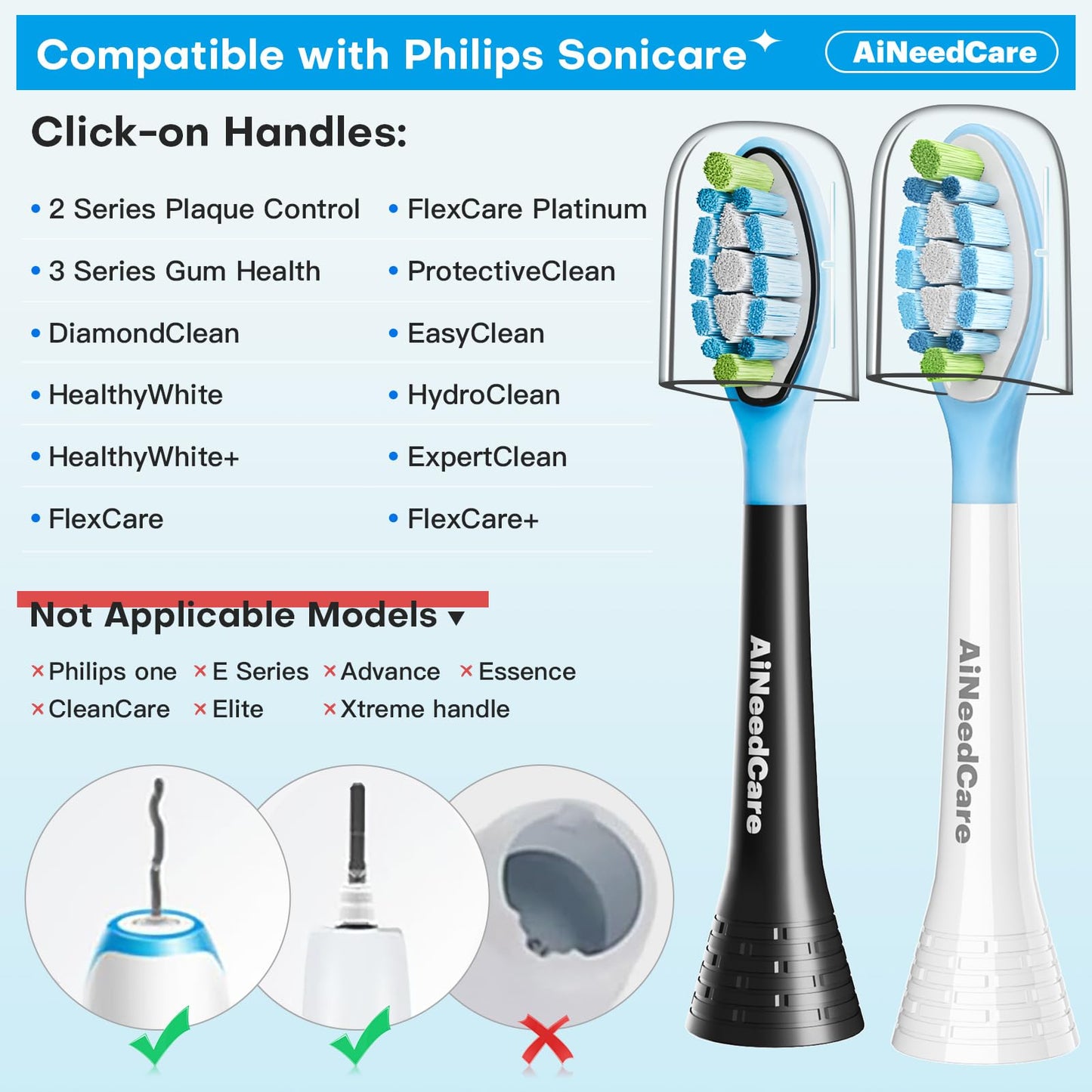 AiNeedCare Sonicare Replacement Heads, Electric Toothbrush Replacement Heads Compatible with Philips Sonicare - 12 Pack (6 White+ 6 Black)