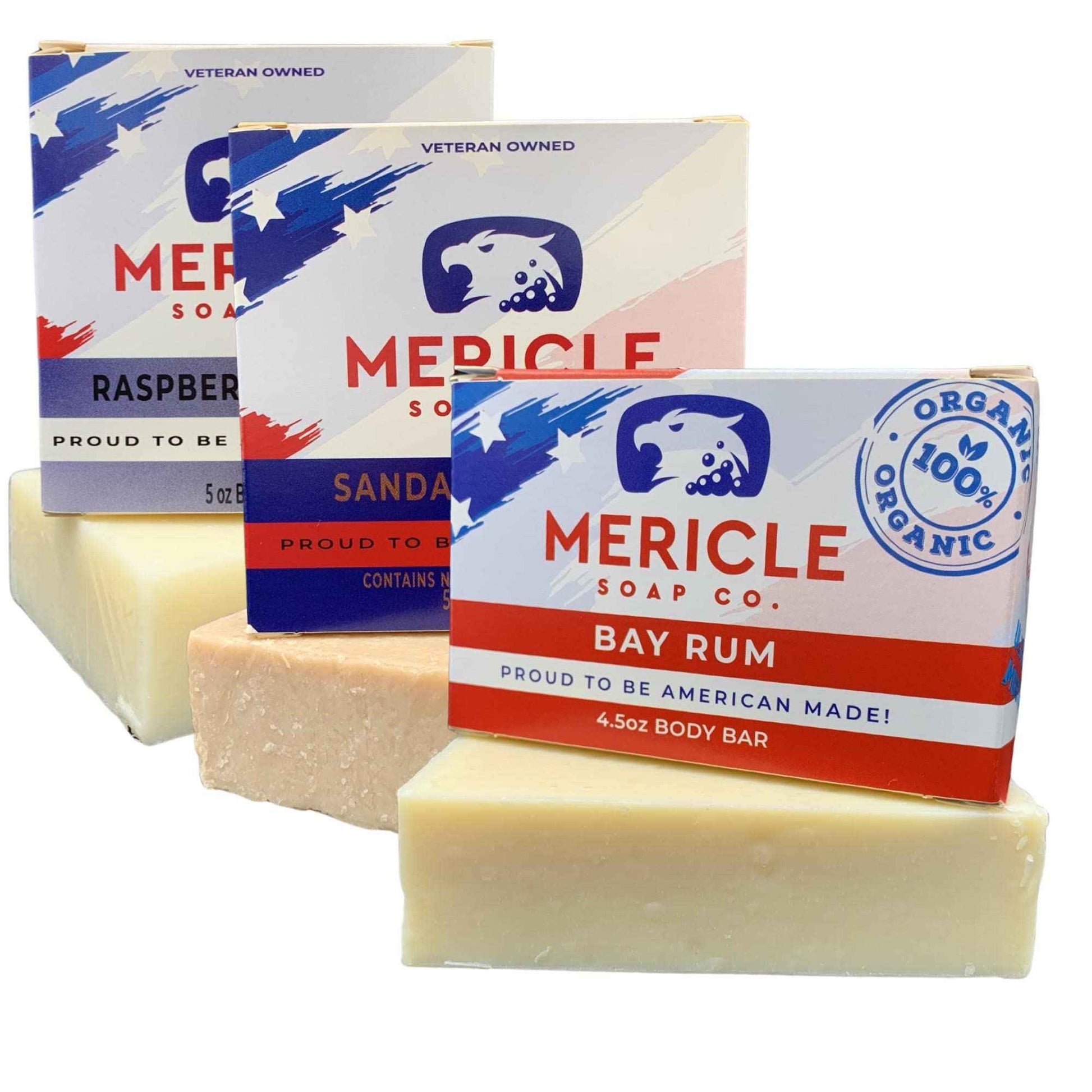 Mericle Soap Co. All Natural Bar Soap, 3 Bar Variety Pack - Black Raspberry Vanilla, Sandalwood Rose, and Bay Rum