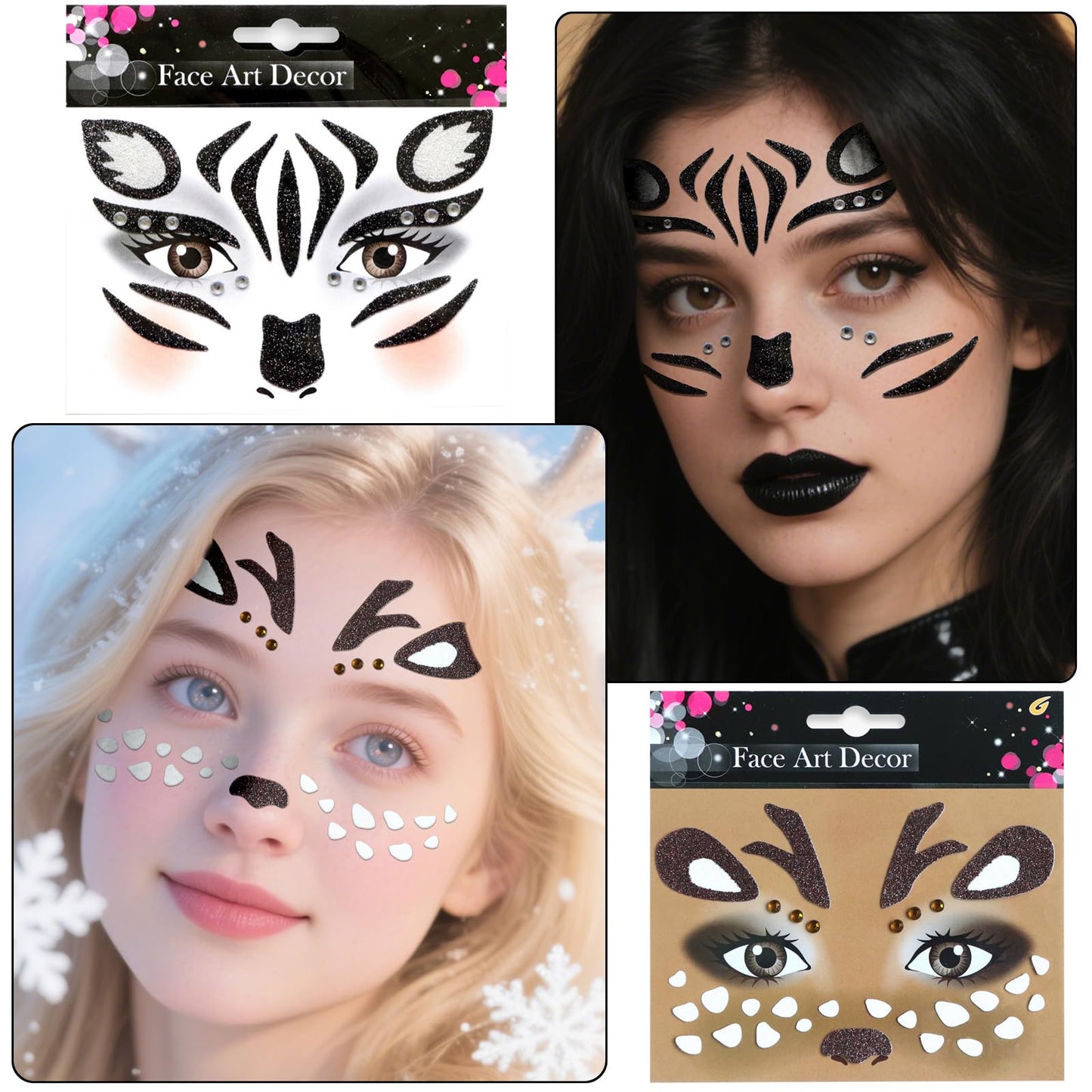 Halloween Face Tattoos Stickers - Leopard, Cat, Elk, Zebras Temporary Tattoo Sticker Halloween Face Gem Self-Adhesive Sticker for Festival Holiday Party Cosplay Decoration 4 Pcs