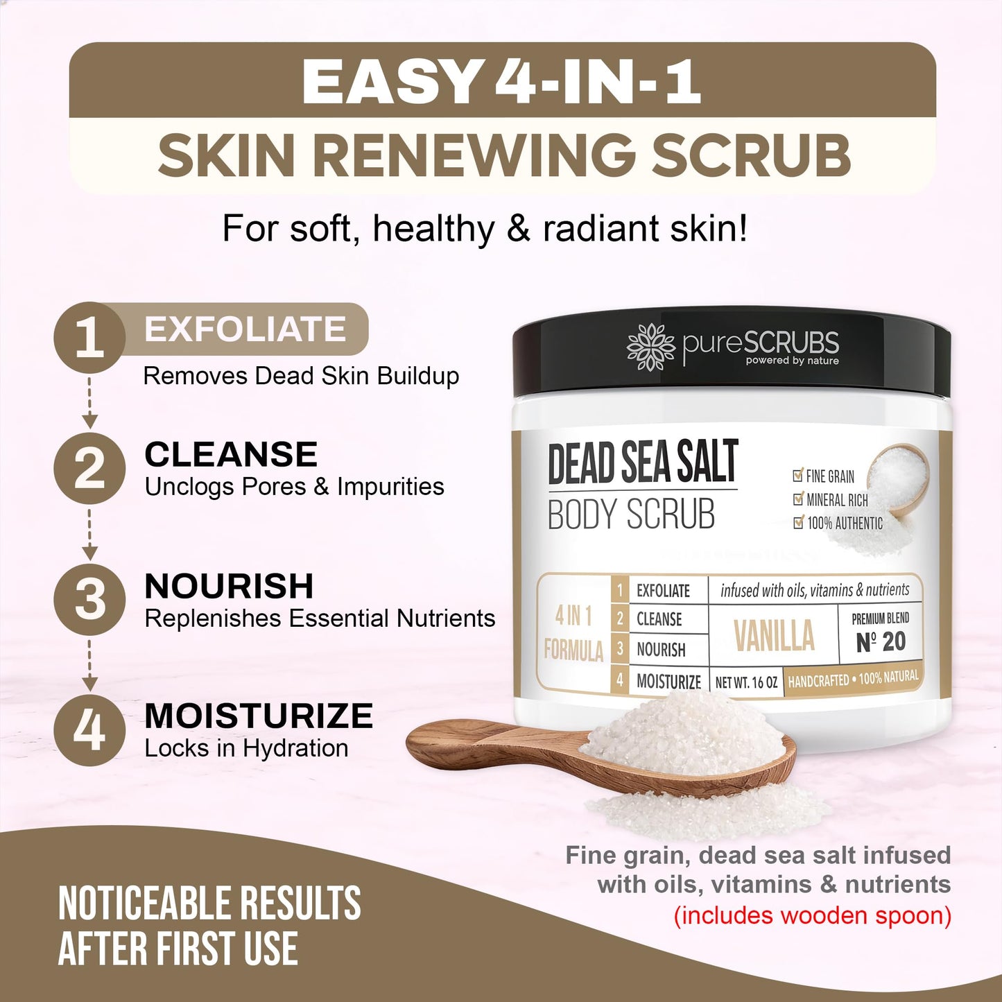 pureSCRUBS Premium Vanilla Body Scrub Set - Large 16oz Dead Sea Salt Body Scrub With Infused Essential Oils & Nutrients, Includes Wooden Spoon, Loofah & Oatmeal Exfoliating Bar Soap
