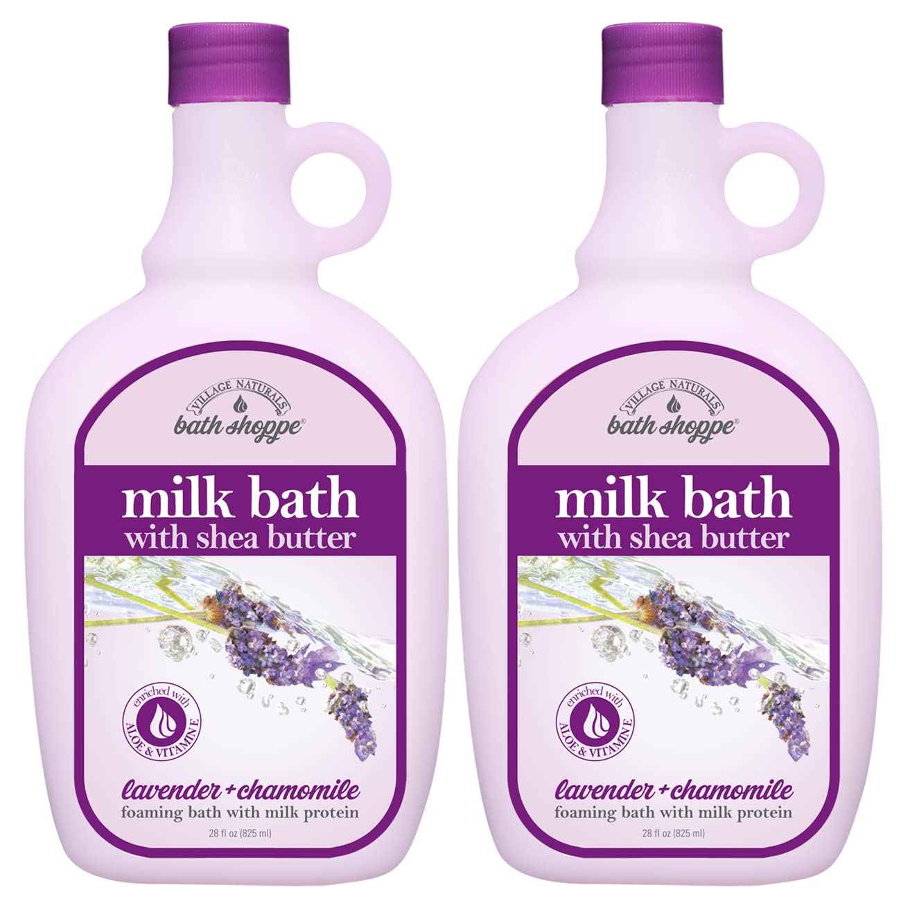 Village Naturals Bath Shoppe Moisturizing Lavender Chamomile Milk Bath - Hydrates Skin - Made with Shea Butter and Vitamin E (Pack of 2 Bottles, 28 fl oz Each)