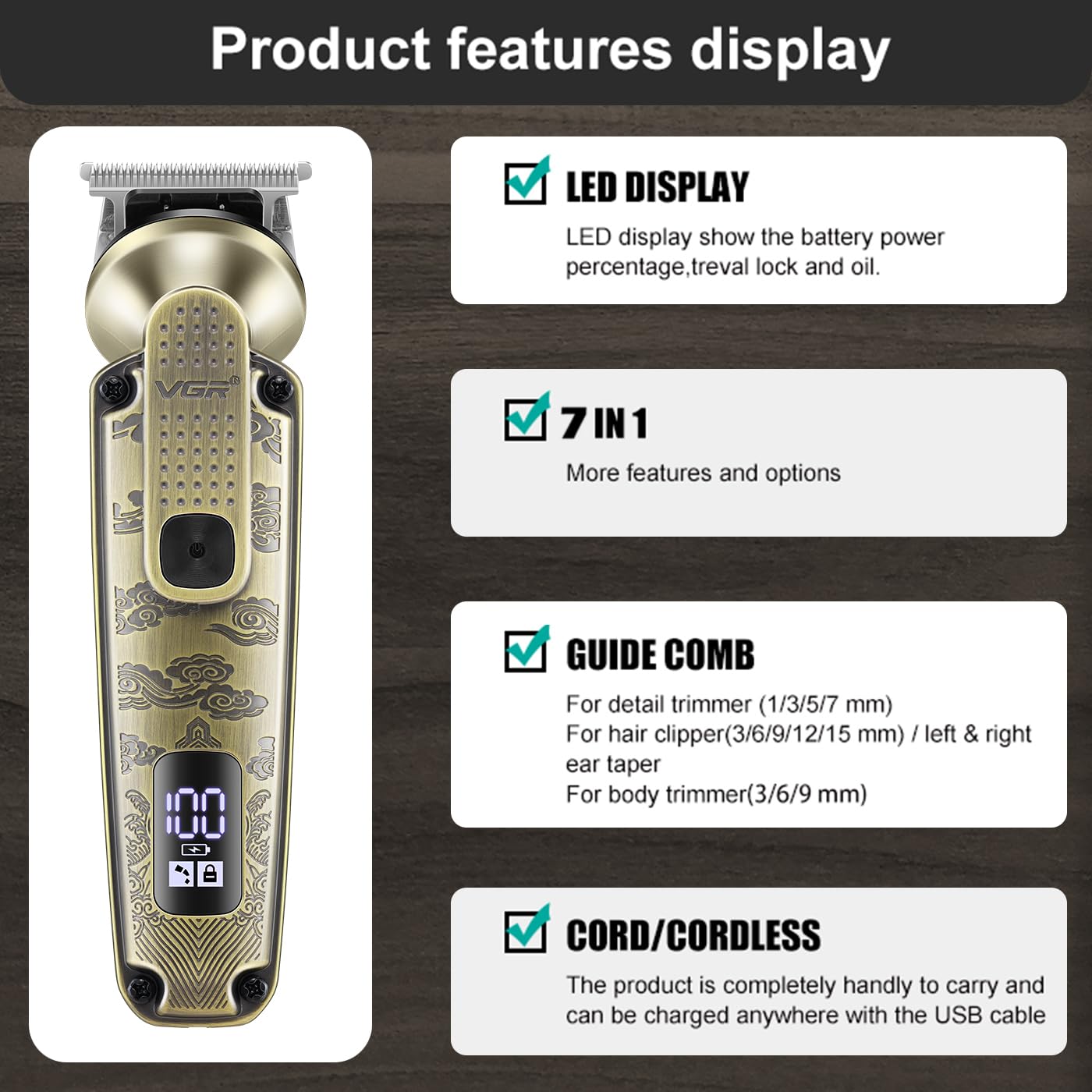 VGR 095 Beard Trimmer for Men, 7 in 1 Waterproof Cordless Hair Clippers and Trimmers Set, Electric Razor Shavers T-Blade Hair Trimmer Grooming Kit for Nose Body Ear Face Mustache, V-103
