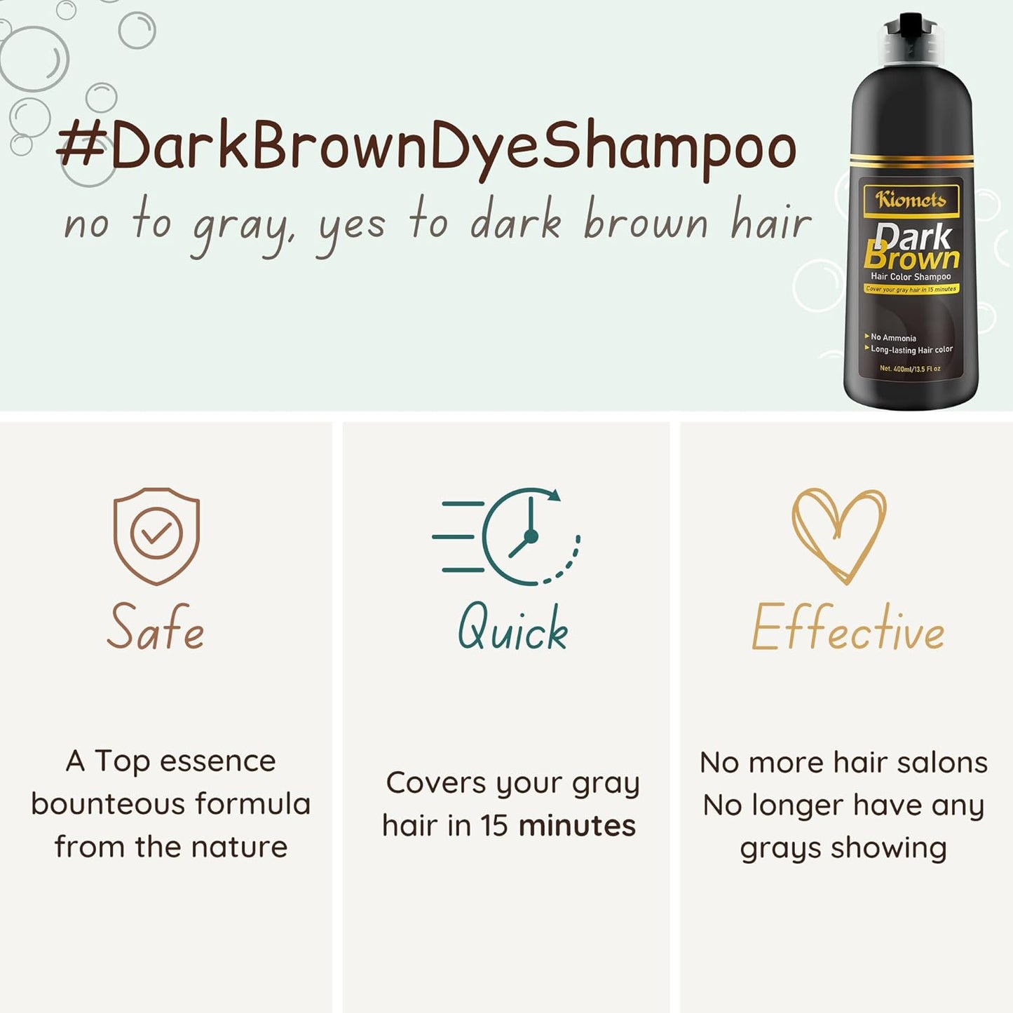 Dark Brown Hair Dye Shampoo - Ammonia-Free Formula for 100% Grey Coverage | 400ml Pack of 2