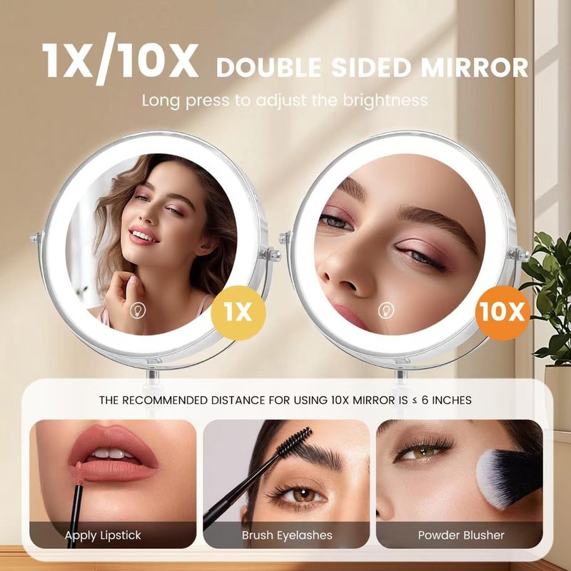 Lighted Makeup Mirror - 10x/1x Magnification, 3 Color Options | Rechargeable, 8-Inch Height Adjustable & 360° Rotatable