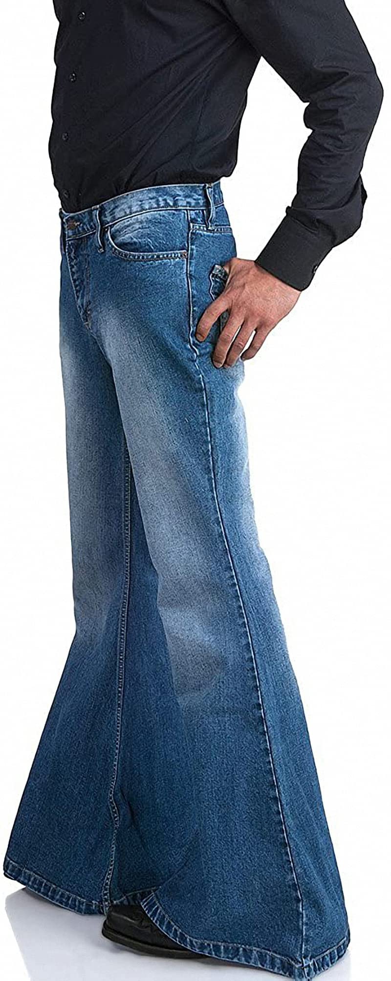 Men's Relaxed Vintage 60s 70s Bell Bottom Stretch Fit Classic Comfort Flared Flares Retro Leg Disco Denim Jeans Pants (Bu, X-Large)