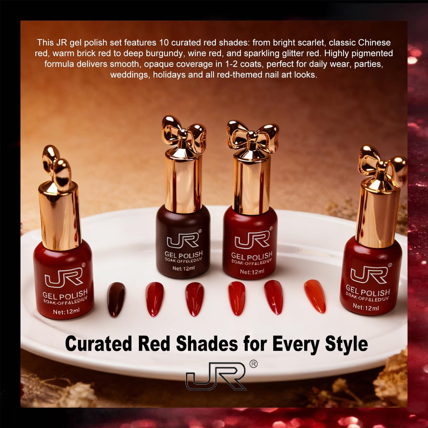 JR 12ml 10colors HEMA Free Red Gel Nail Polish Set Long Lasting Soak off UV Gel Polish Kit Nail Art DIY Manicure Salon Home Gifts for Women D Model