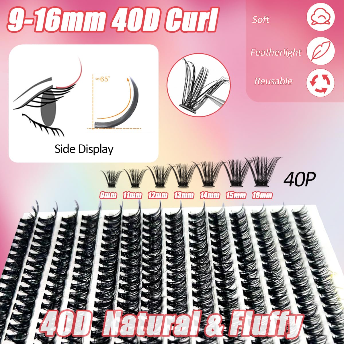 DIY Lash Extension Kit with 280 PCS 9-16mm 40D Lashes Clusters 200ml/6.7fl.oz Lash Cleanser Eyelash Shampoo Mini USB Portable Lash Fan Bond and Seal Remover Eyeliner Eyelid Cleaning Brush