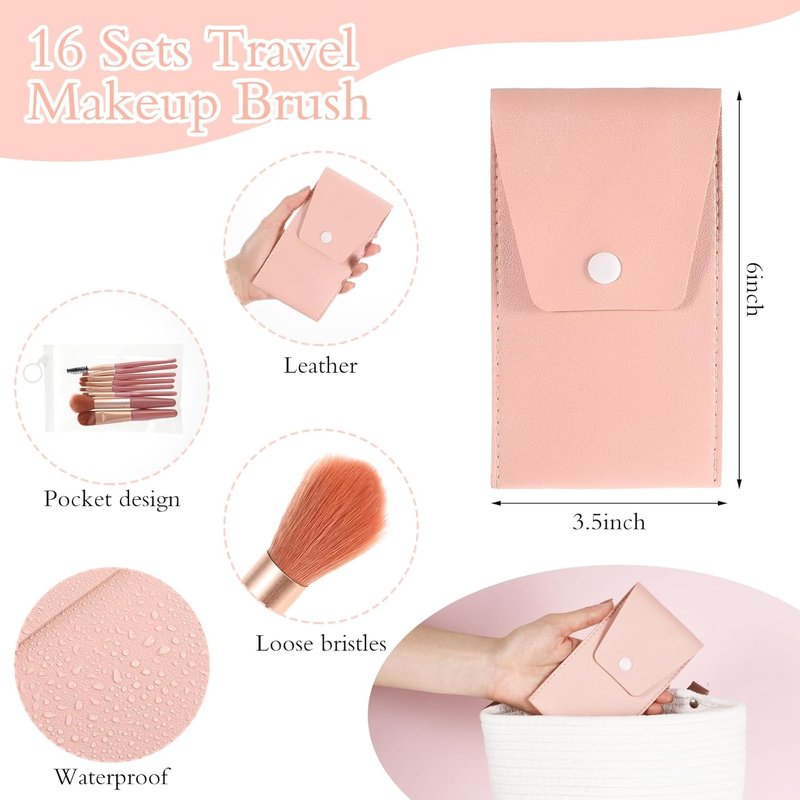 Travel Makeup Brush Set - 16 Synthetic Fiber Brushes with Makeup Bag | Perfect Bridesmaid Gift (Pink)
