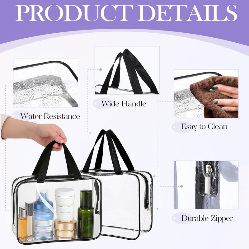 Large Clear Makeup Bag - 10 Pack Travel Toiletry Zipper Pouch | PVC Cosmetic Organizer with Handle