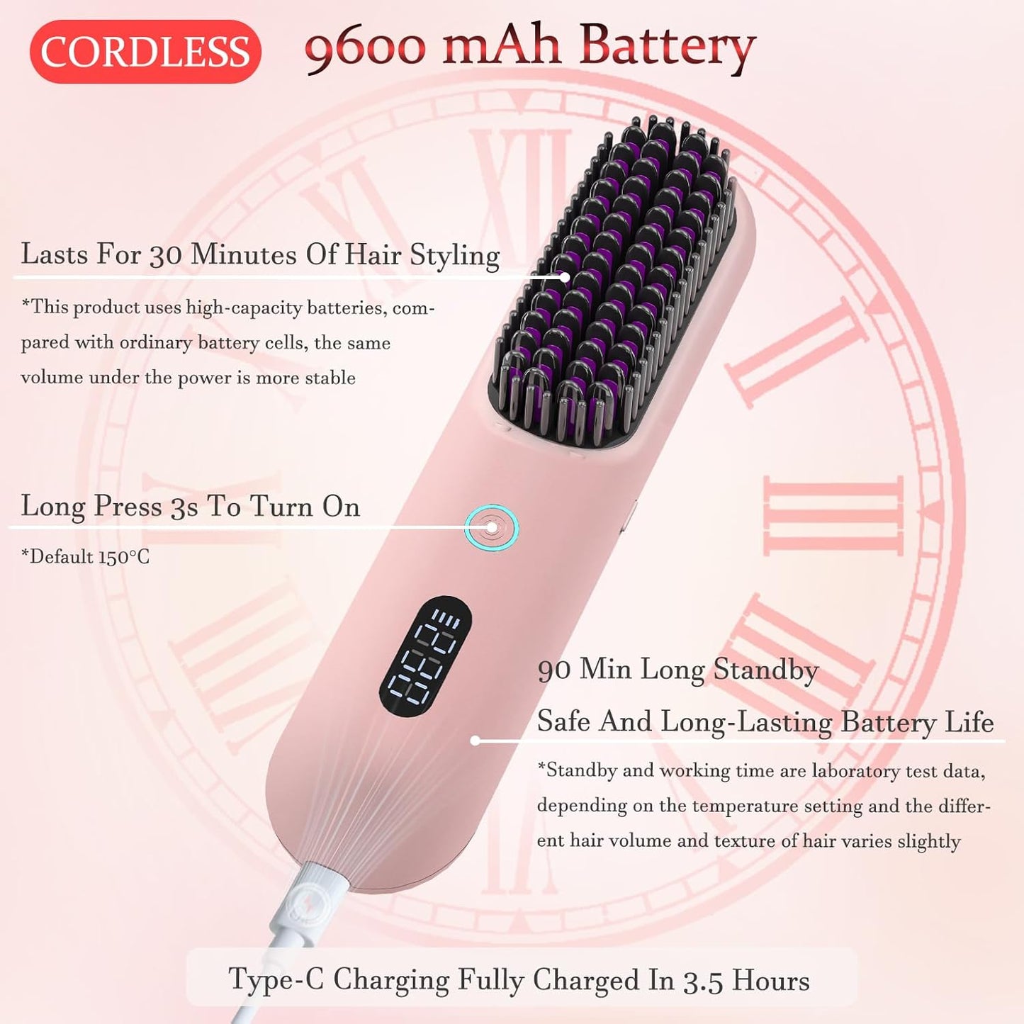 Cordless Hair Straightener Brush - Portable Styling Comb with 9600mAh Battery | 9 Temp Settings, Anti-Scald, Travel-Friendly