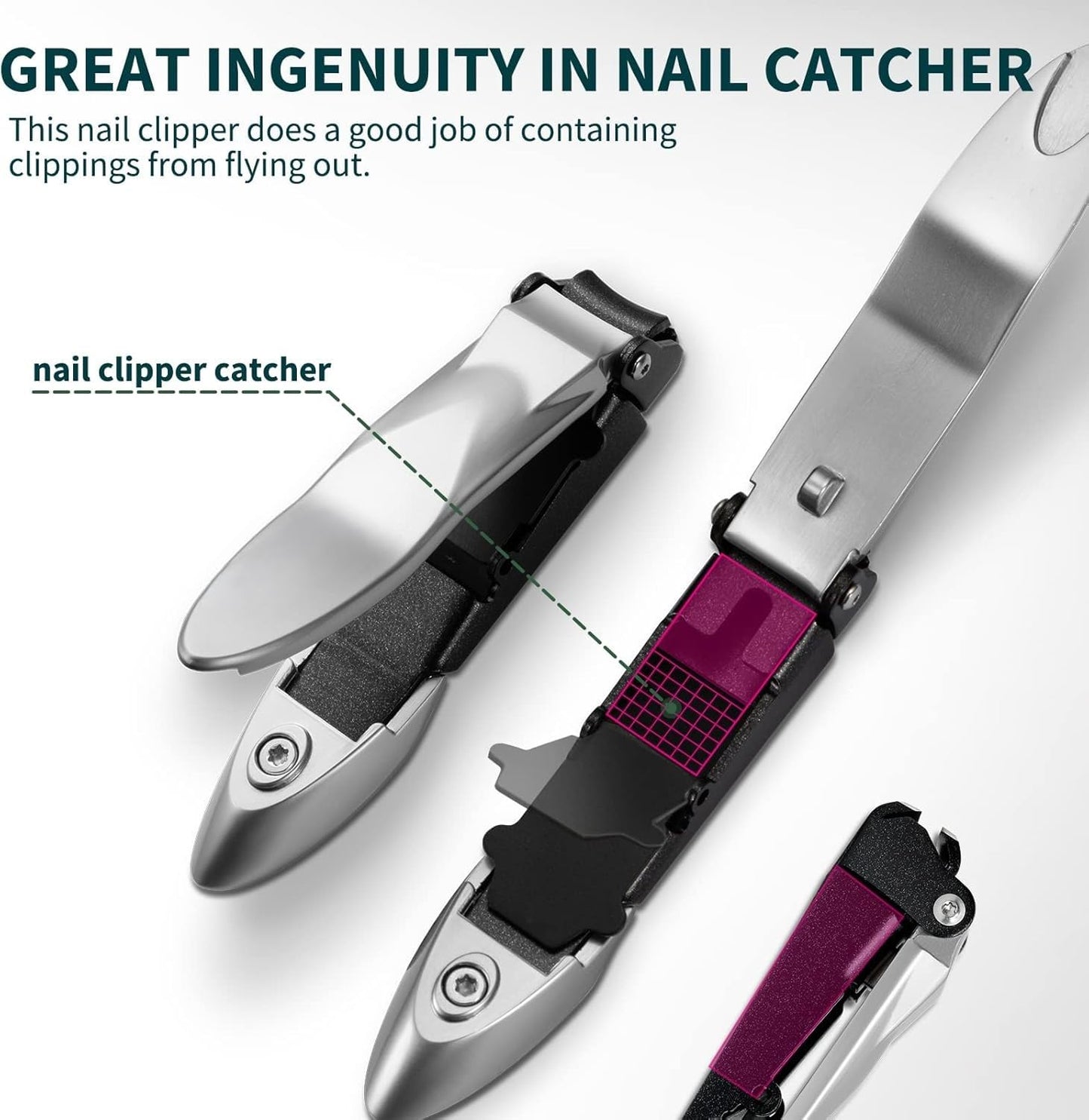 BesPick Large Sharp Heavy Duty biomimetic Stainless Steel Anti-Splash Self-Collecting Anti Splash Nail Clippers Set with Catcher, Baby Nail Clipper and Nano Glass Nail File (Silver, 3 Pieces Set)