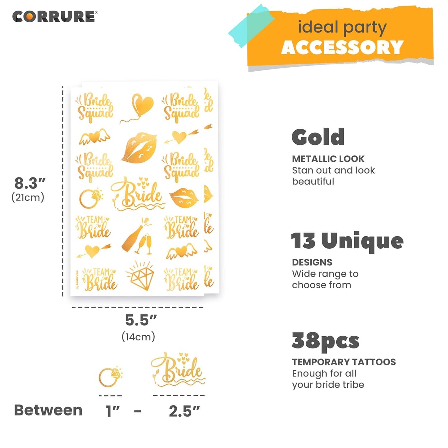 CORRURE Bachelorette Tattoos - 38pcs Gold Temporary Metallic Tattoo Stickers for Bridesmaids and Bride Tribe - Bachelorette Party Decorations, Bridal Party Favors, Games and Women Accessories