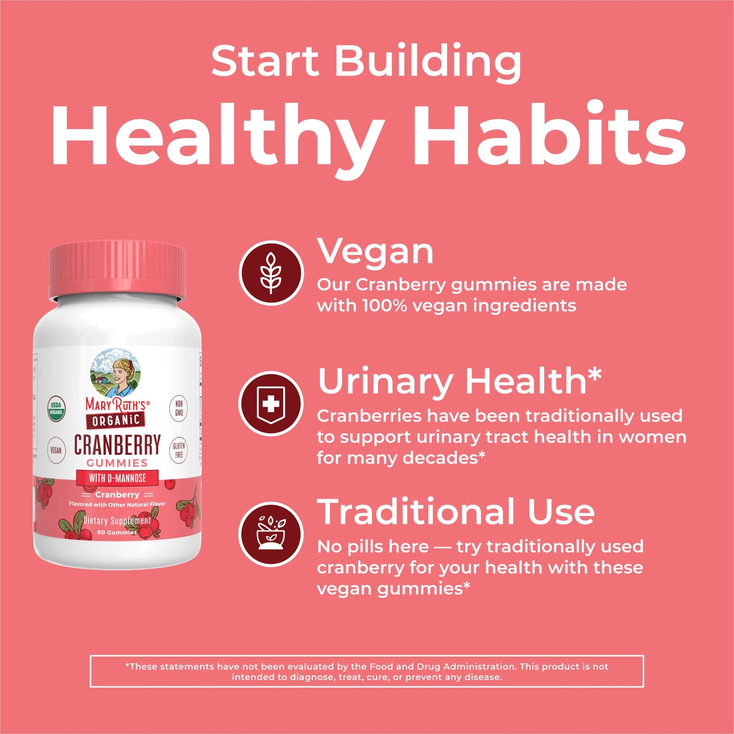 MARYRUTH'S Organics Organic Cranberry Gummies - 500mg Supplement | Urinary Tract Health for Women | with D Mannose | Traditional Use | USDA Organic | Vegan | Non GMO | 30 Servings
