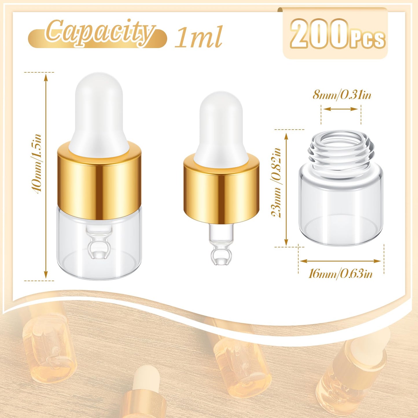 Didaey 200 Pcs 1/2/3/5/10/15 ml Mini Glass Oil Dropper Bottle Bulk, Clear Essential Small Empty Bottles Sample Containers Perfume Liquid Vials with Cap for Traveling (1 ml,Champagne Gold)