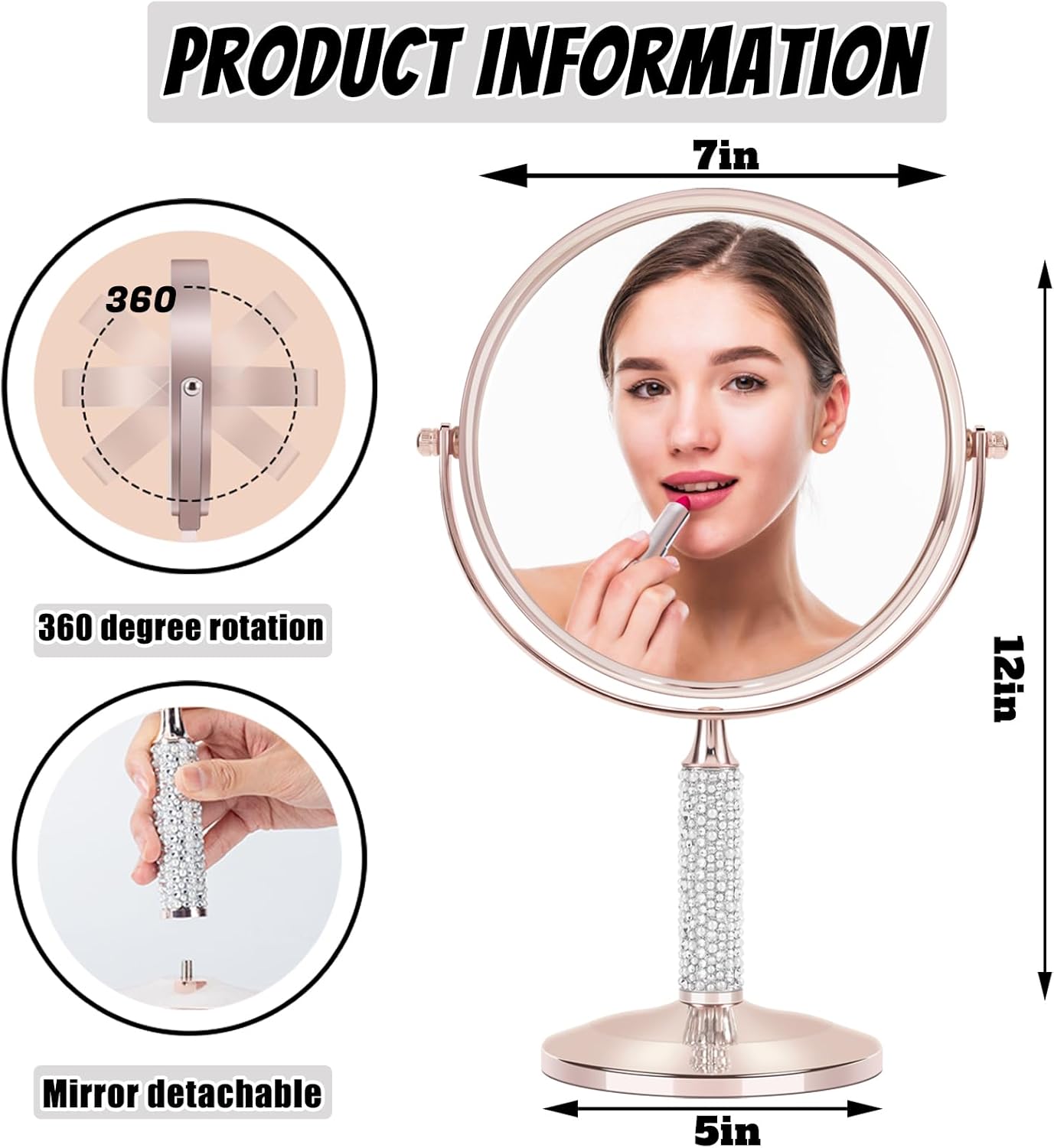 Rose Gold Glitter Makeup Mirror - 360° Rotating Double-Sided 1X/10X HD Vanity Mirror | Portable Gift for Women