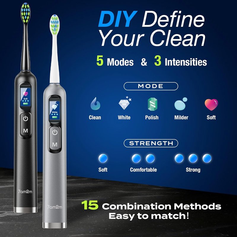 Electric Toothbrush for Adults & Teens - LED Screen, 3 Intensity Levels & 5 Modes | 90-Day Battery Life, Fast Charge, 8 Brush Heads (Black)