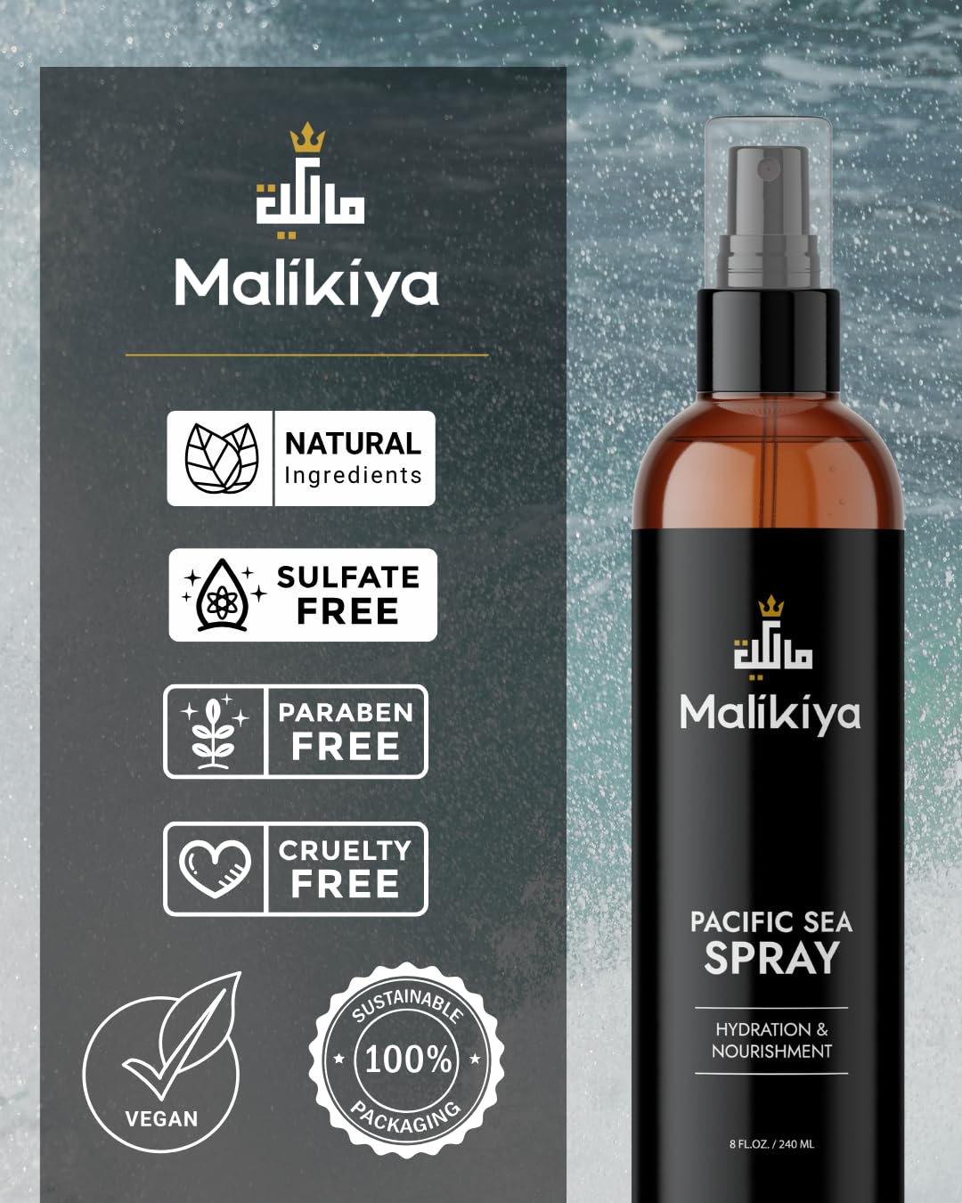 Malikiya Sea Salt Spray for Hair– Beach Waves, Fluffy Textured Hair | Natural, Non-Greasy, No Crunch, Firm Hold | Coconut Water & Sea Kelp | 8 oz