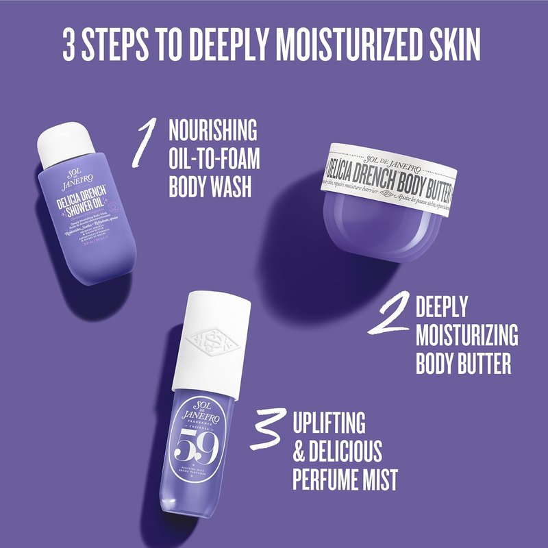 Delicia Drench Vanilla Moisturizing Body Routine Gift Set for Women - Body Butter, Shower Oil & Perfume Mist