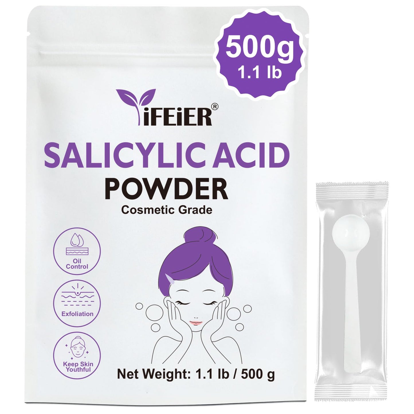 iFEiER Pure Salicylic Acid Powder | Cosmetic Grade Salicylic Acid 1.1 LB (500 g) | acido salicilico powder for DIY BHA Exfoliant, Hair & Industrial Use | Make Serum