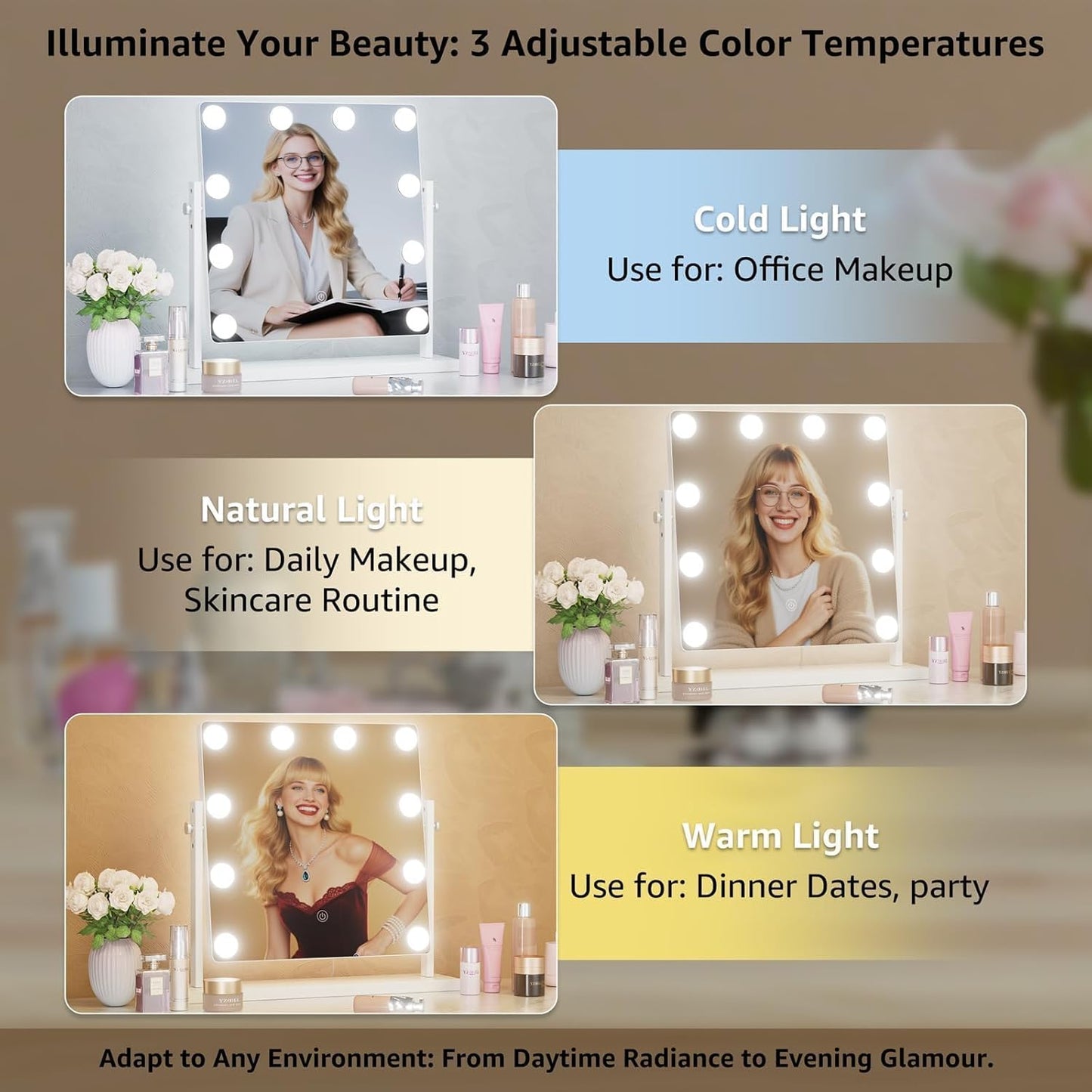 Hollywood Makeup Vanity Mirror with Lights - Adjustable Height, 3-Color Dimmable Lighting, 360° Rotation | 15.7" Size