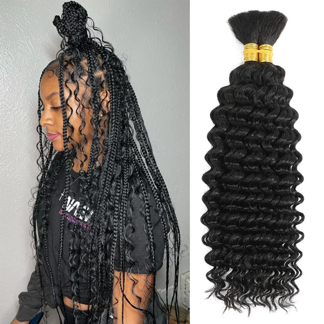 Vrecoda Human Braiding Hair for Boho Braids Curly Deep Wave Bulk Human Hair for Micro Braiding Hair Bohemian Boho Knotless Braids 2 Bundles 100% Human Hair Extensions No Weft Natural Color
