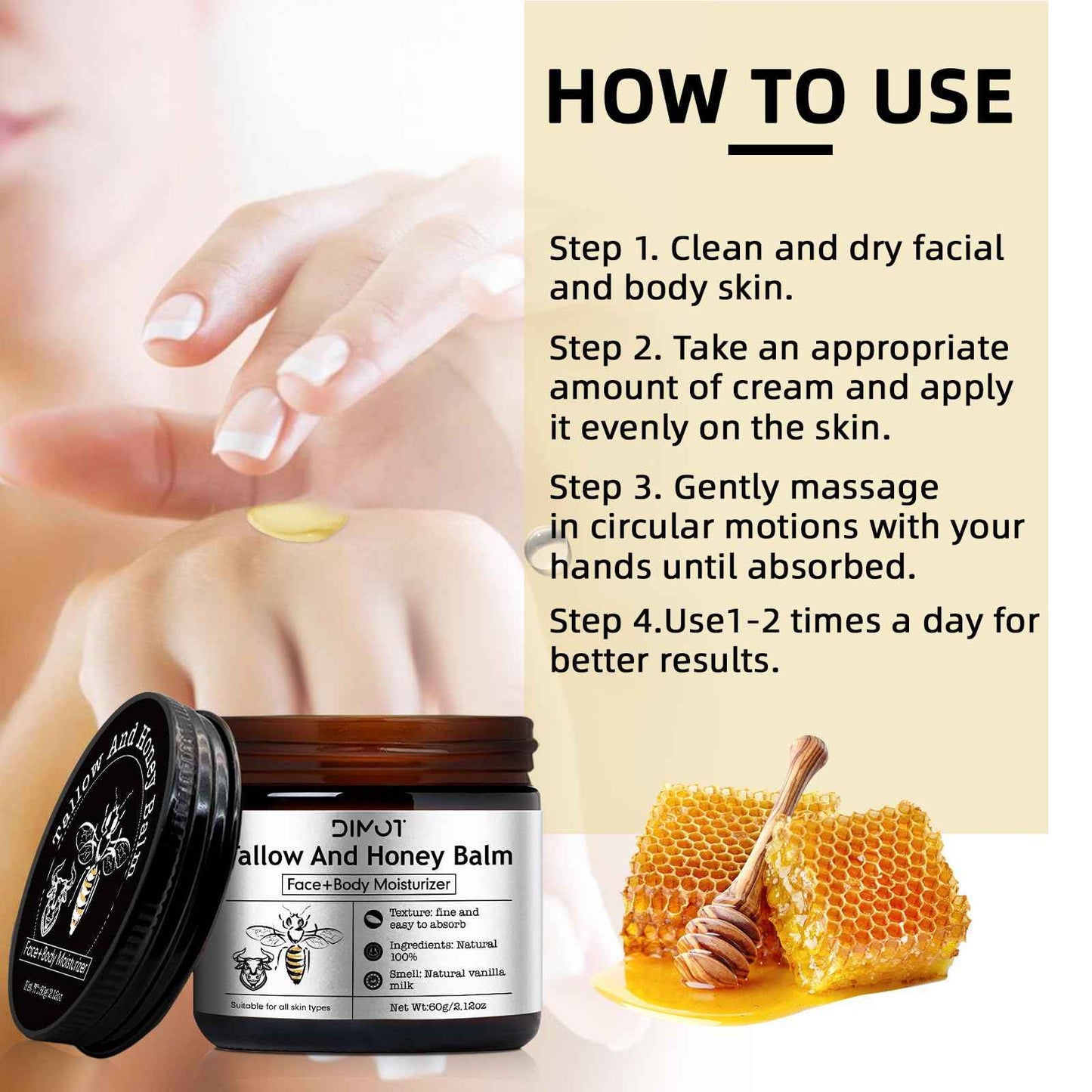 Tallow and Honey Balm for Skin Honey Butter Face & Body Cream For Skin Firming & Hydrating Balm Skin Care Tallow Face Moisturizer Cream (2)