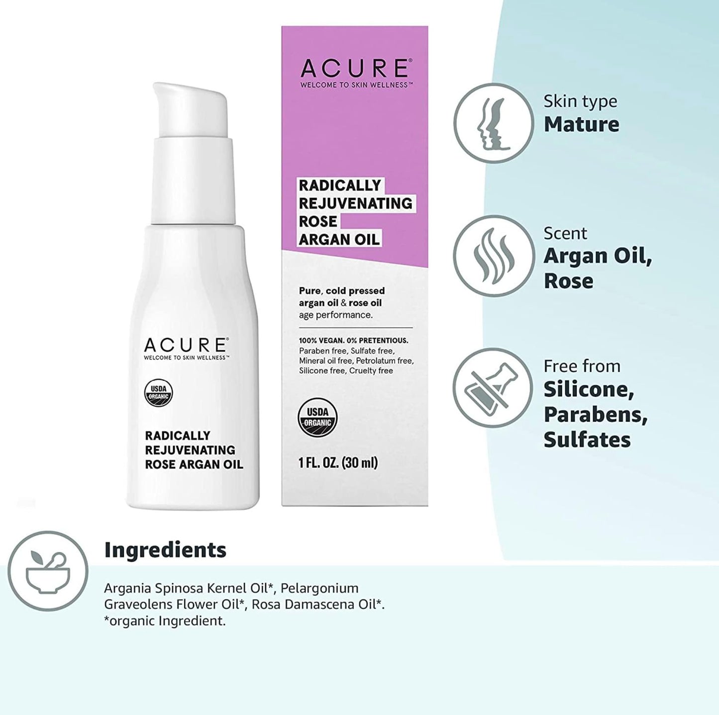 ACURE Radically Rejuvenating Rose Argan Oil - Face, Hair & Body Oil Serum Rich in Vitamin E - Lightweight, Non-Greasy, Vegan - 1 Fl Oz