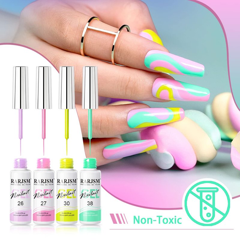 RARJSM Nail Art Gel Liner 24 Color Line Art Painted Gel Nail Polish Set Pink Blue Green Silver Gold Glitter for Nails Painting Drawing Soak Off U V L E D Curing Requires Bulid in Thin Nailart Brush