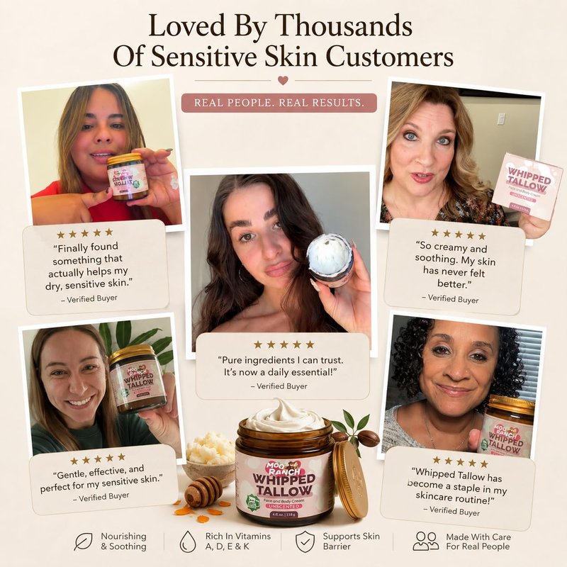 Moo Ranch Whipped Beef Tallow for Skin – Grass-Fed Tallow Balm Moisturizer with Jojoba Oil, Manuka Honey & Calendula – For Face, Lips, Hands & Body – For Dry or Sensitive Skin.