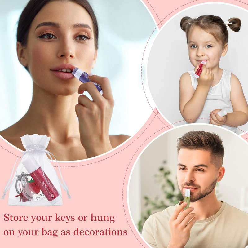 Loetere 30 Sets Moisturizing Lip Balms Bulk Employee Appreciation Gifts with Fruit Pun Keychains and Organza Bags for Coworker Teacher Appreciation Thank You Gifts