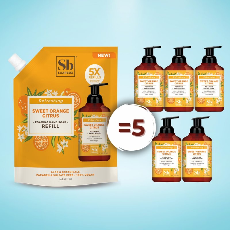 Soapbox Sweet Orange Citrus Foaming Hand Soap Refill, Moisturizing & Refreshing Hand Wash - Foaming Cleanser for Hands, Clean Ingredients Free of Harsh Chemicals, Sulfates, Parabens & Silicones, 64 oz