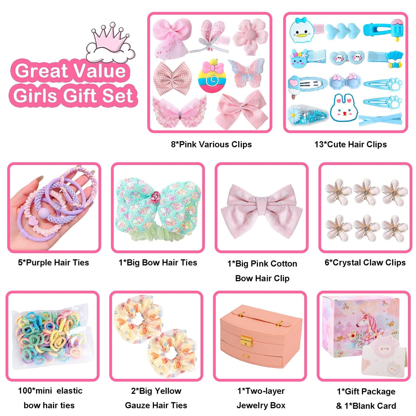 Qopoto Hair Accessories Kit for Girls - Gift Set with Hair Clips, Barrettes, Ties, Bows - Ages 4-15 (Colorful Case)