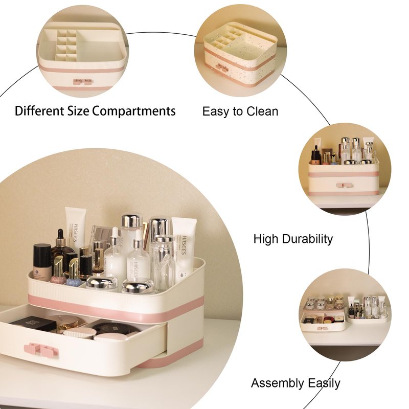 INVSSENE Large Makeup Organizer Countertop, Stackable Vanity Organizer with Drawer Cosmetic Organizer Tray, Make Up Organizers for Vanity, Makeup Storage Counter(Light Pink)