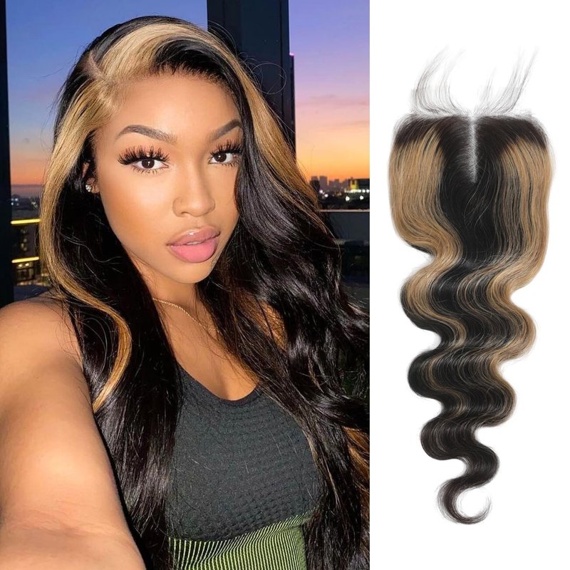 Honey Blonde Highlight 4x4 Lace Closure - 100% Virgin Human Hair Body Wave, 16 Inch, Pre-Plucked with Baby Hair, Ombre Design