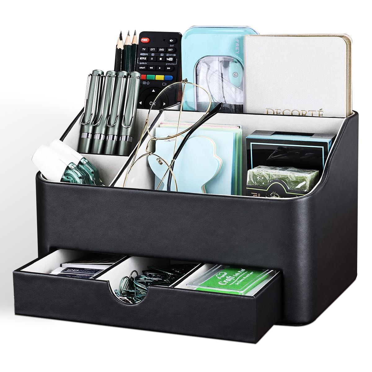 KINGFOM Leather Makeup Organizer with Drawer, Cosmetic Storage for Dresser Countertop and Bathroom Vanity, Beauty Holder for Lipstick Brush Skincare, Mother’s Day Gift for Mom(Black)