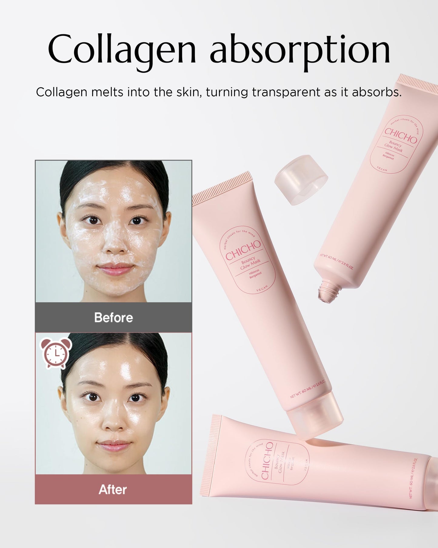 CHICHO Bouncy Glow Overnight Wrapping Peel-Off Mask (2.03 oz) – Vegan 300Da Hibiscus Collagen Film Mask for Glass Skin & Elasticity, Korean Sleeping Face Pack, Sensitive Skin