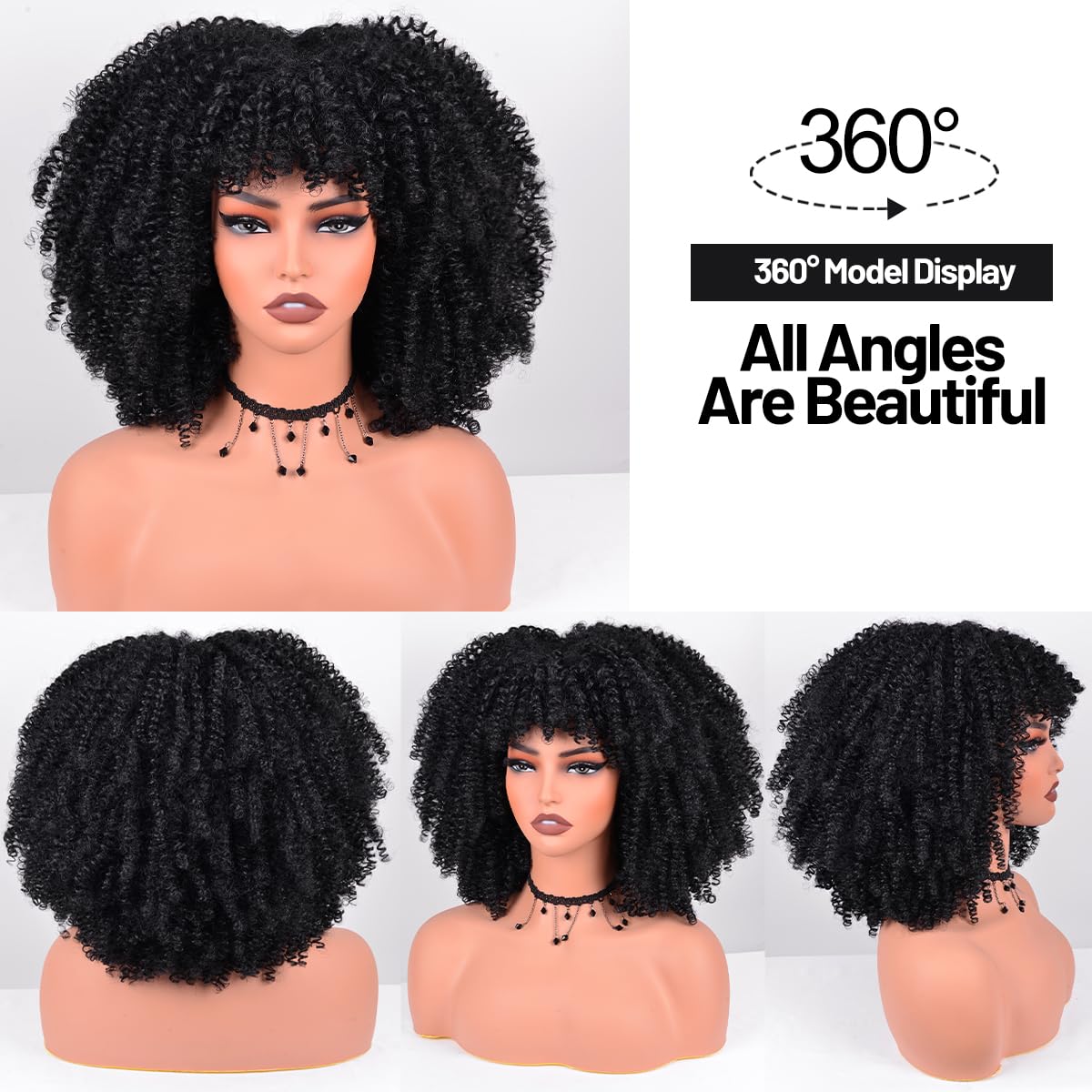 Afro Curly Wig with Bangs Short Kinky Curly Synthetic Wig for Black Women