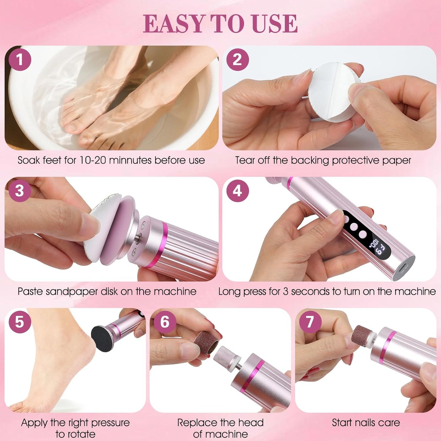 Electric Foot Callus Remover - 2 in 1 Rechargeable Pedicure Tool with 9 Speeds & Digital Display | Pink