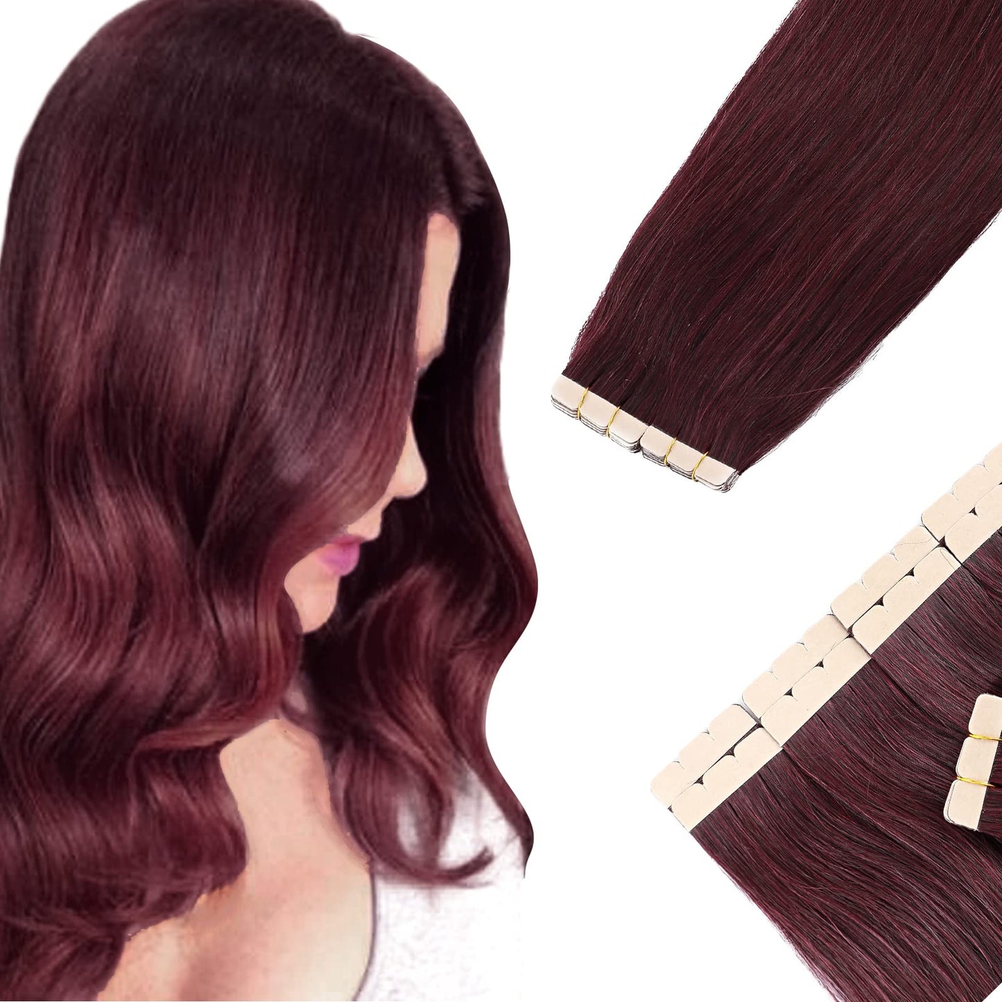 Benehair Red Tape-in Hair Extensions, 18" Human Hair, 20pcs, 50g/pack, Straight, Seamless Skin Weft, Natural, Wine Red