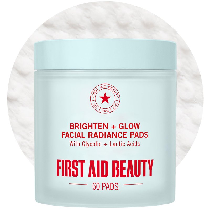 First Aid Beauty Facial Radiance Pads, Daily AHA Exfoliating Pads with Glycolic & Lactic Acid, Tone & Brighten, Minimize Pores, Makeup Prep, Compostable, 60 ct