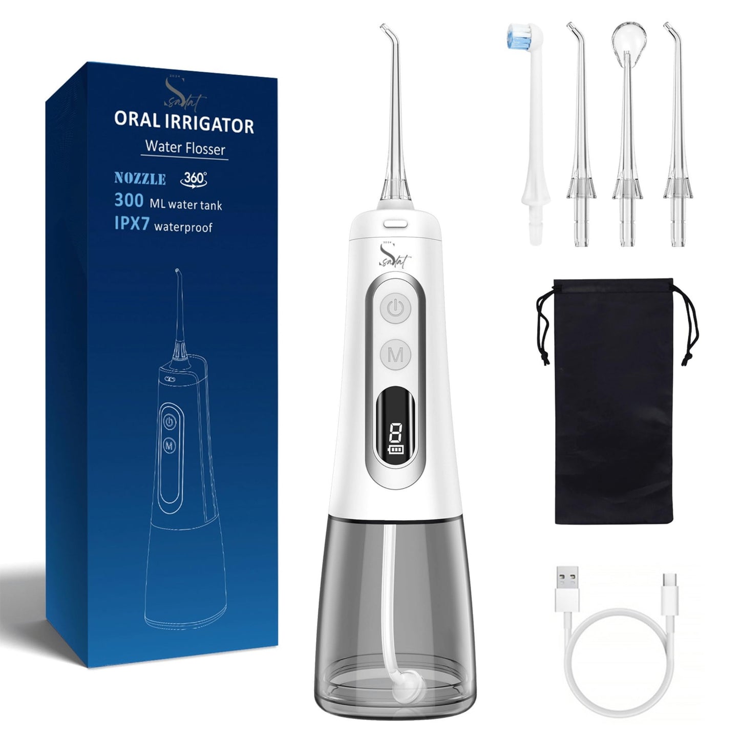 Sadat Cordless Water Dental Flosser – 9 Modes, LED Screen, 300ML Portable Oral Irrigator, Rechargeable & IPX7 Waterproof, Teeth Cleaning Picks for Home & Travel White