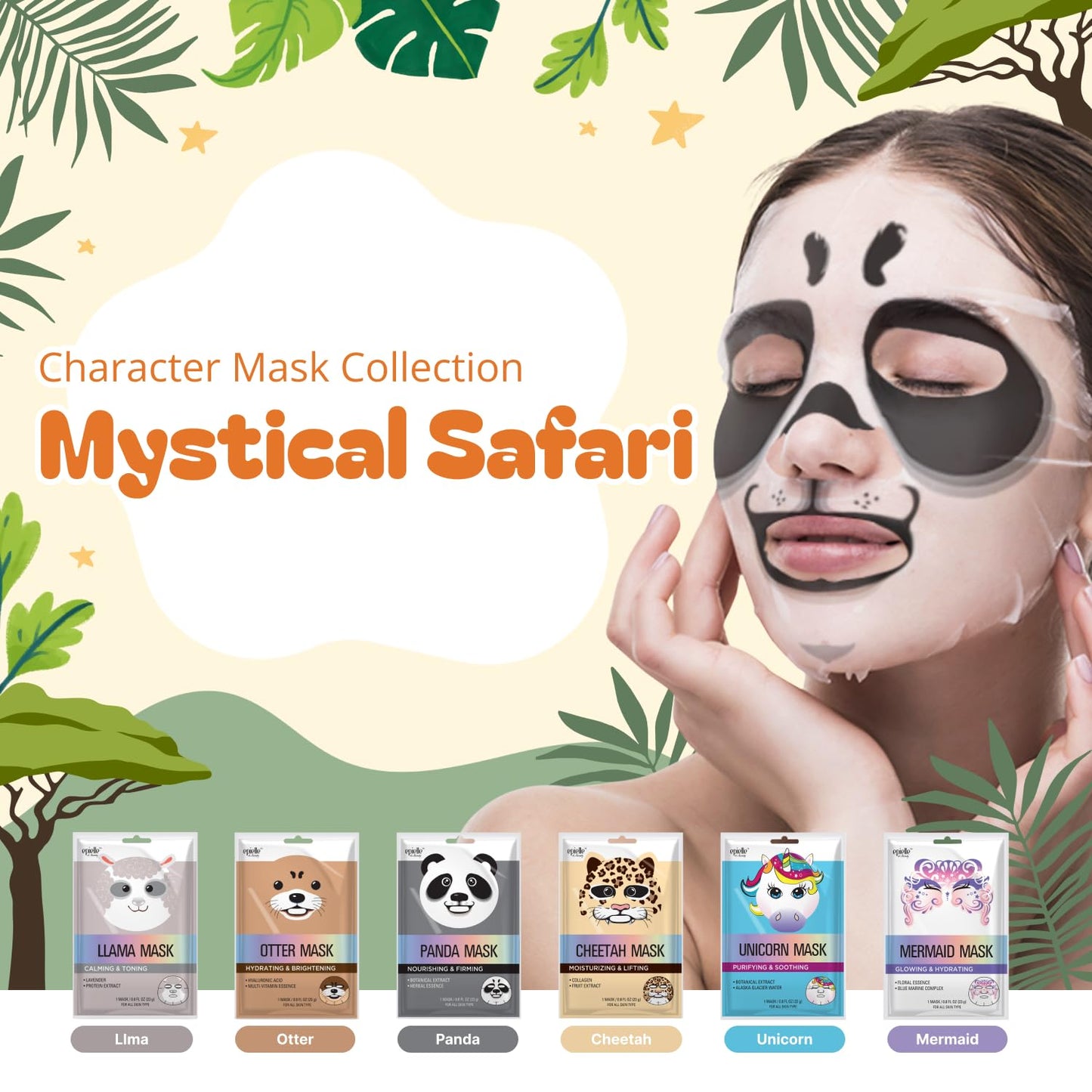 Epielle Character Face Mask Mystical Safari 12 Pack, Fun & Effective Korean Skin Care, Spa Party Favors, Birthday Gifts for Women, Self Care Gifts