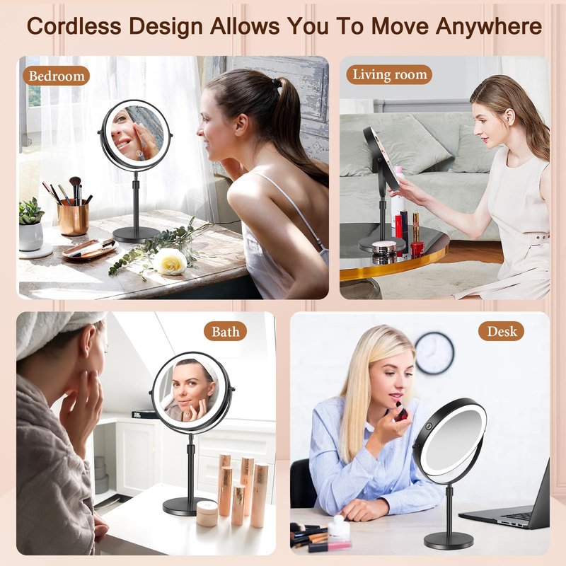 rndecuck 8" Lighted Makeup Mirror with Magnification 10x and 3 Color Light 2500mAh Rechargeable Height Adjustable 360° Rotation Double Sided LED Vanity Mirror for Desk (Black)