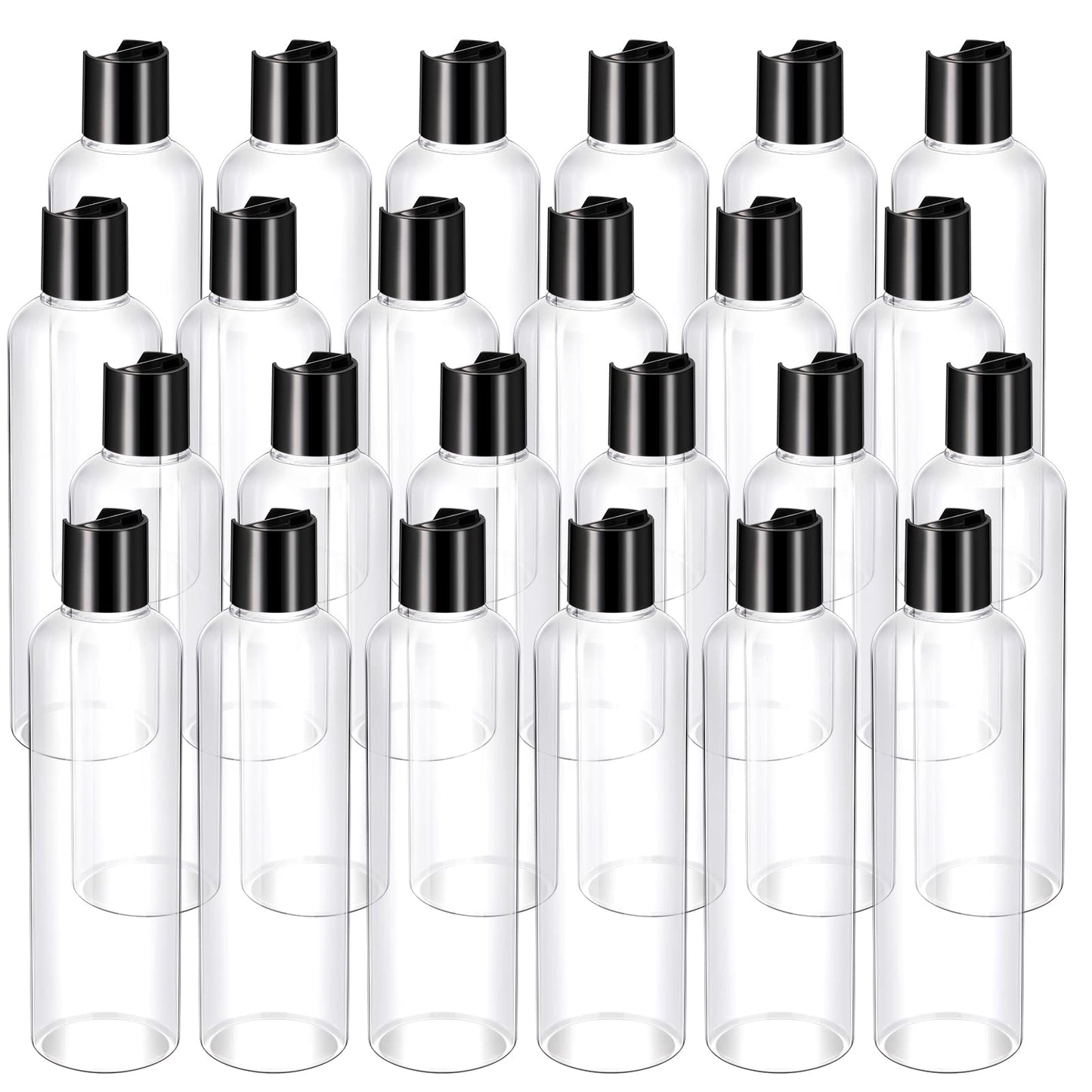 Nuenen 8 oz 24 Pcs Plastic Empty Bottles Squeeze Travel Containers with Black Disc Cap Refillable Shampoo Travel Bottles for Toiletries Lotion Container for Body Soap Cream (Clear)